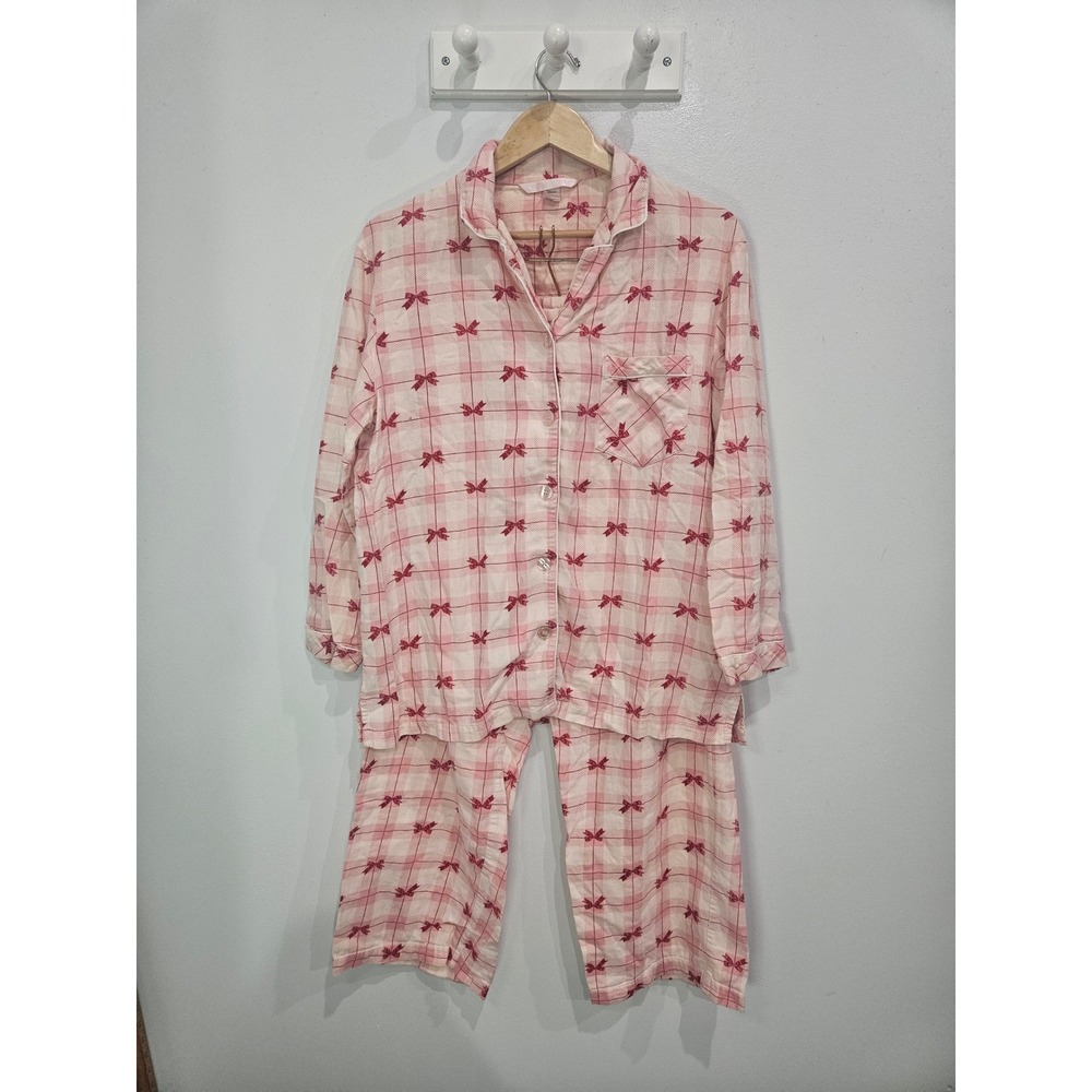 Victorias Secret Pink Plaid Bow Pajama Set Long Sleeve Button Up Pants Medium